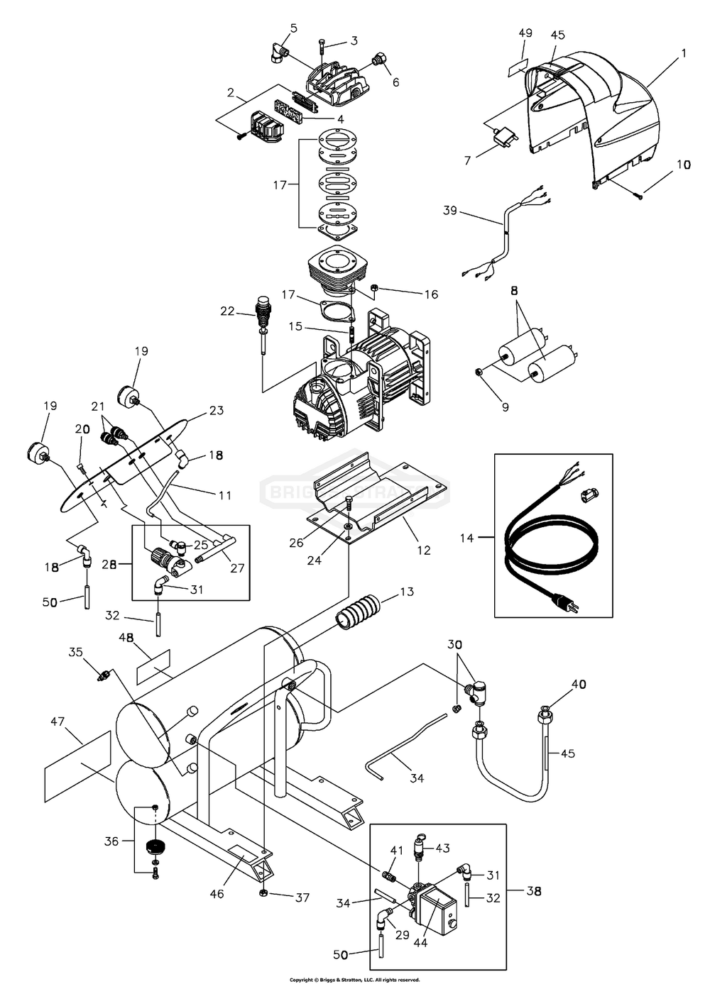 Air Compressor Diagram and Parts List for 074009-0  Briggs and Stratton Compressor